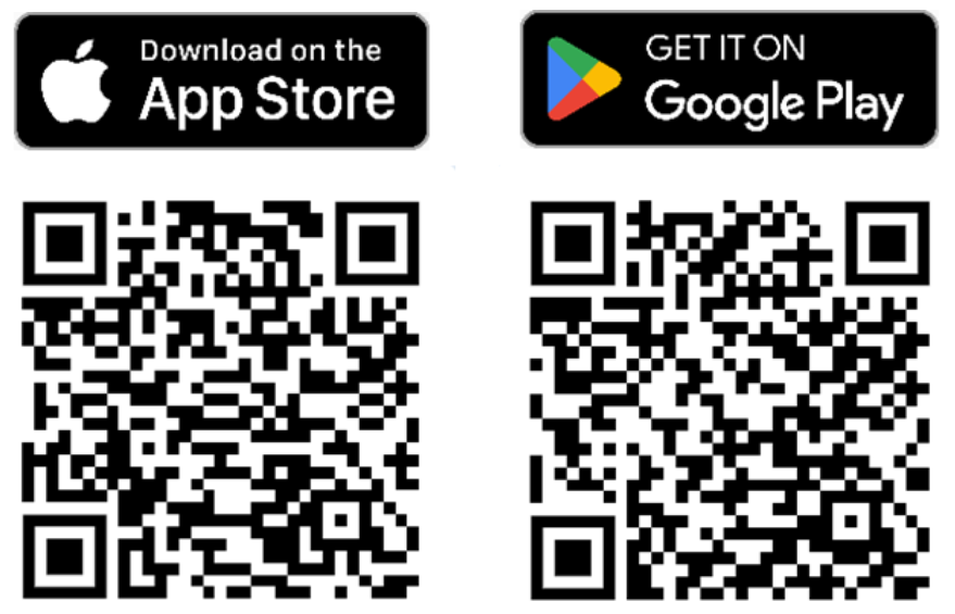 Download on the App Store or Get it on Google Play, with QR codes for each